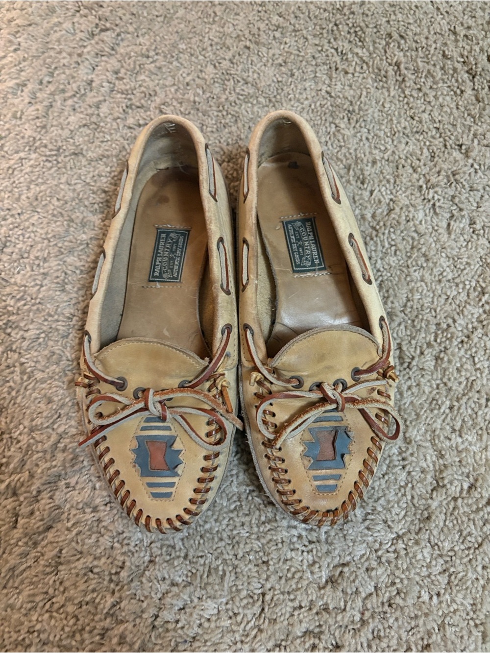 Ralph Lauren Tan Leather Moccasin Loafers with Southwest Accent - Women's